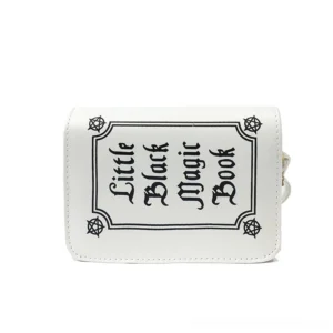 White gothic crossbody shoulder bag with reversed black letter printing and alternative aesthetic design