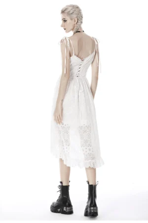 White gothic lace midi dress back view showcasing lace-up back closure and hollow floral lace fabric design