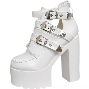 White alternative platform ankle boots with back zipper closure and polished metal buckle hardware - three-quarter left side studio view