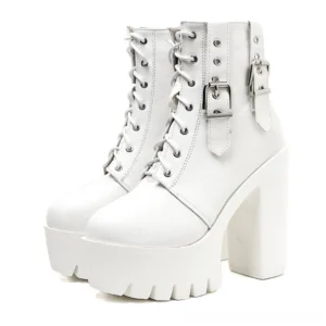 White combat platform ankle boots with chunky block heel and serrated outsole, 3/4 front angle display
