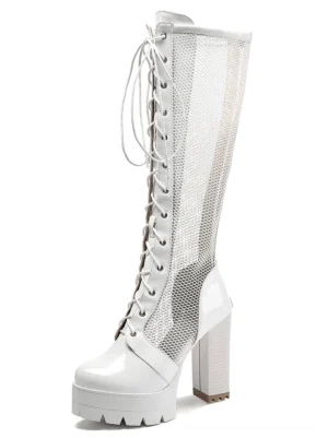 White patent leather mesh knee-high gothic platform boots with lace-up design and 3cm platform heel front view