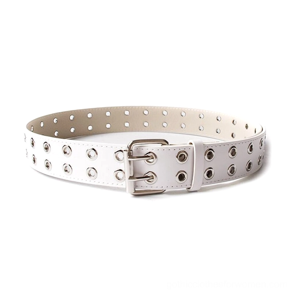 White PU leather gothic rivet belt with metal grommets and silver buckle, flat lay showing contrast design