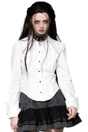White gothic ruffled blouse front three-quarter view showcasing layered ruffles and black button closure on model