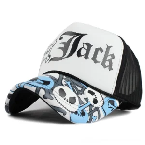 White gothic skull cap front three-quarter view showing skull and crossbones logo with Jack lettering on blue brim and black mesh back