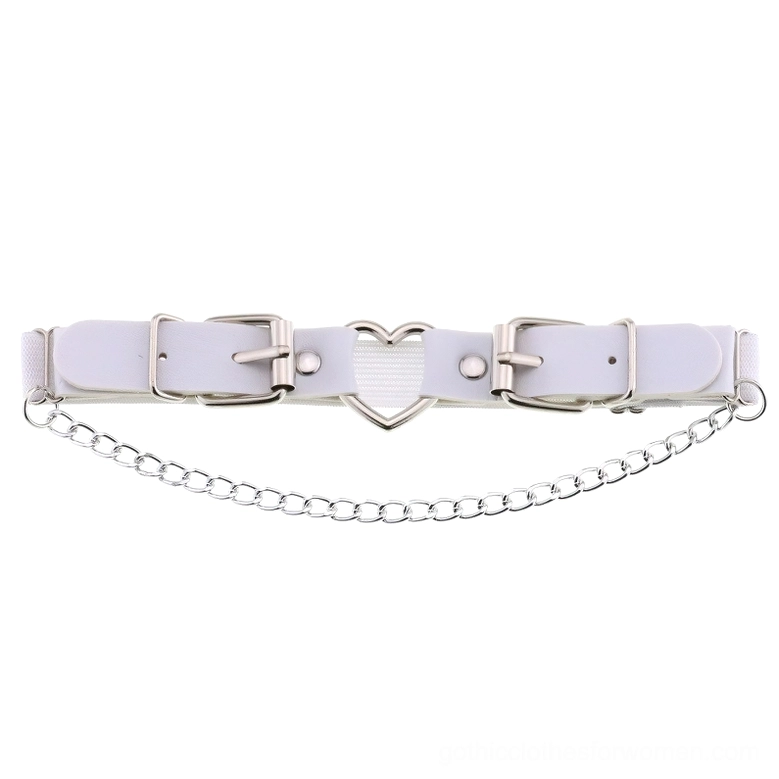 White PU leather adjustable garter with heart charm and silver chain pendant, ethereal gothic aesthetic