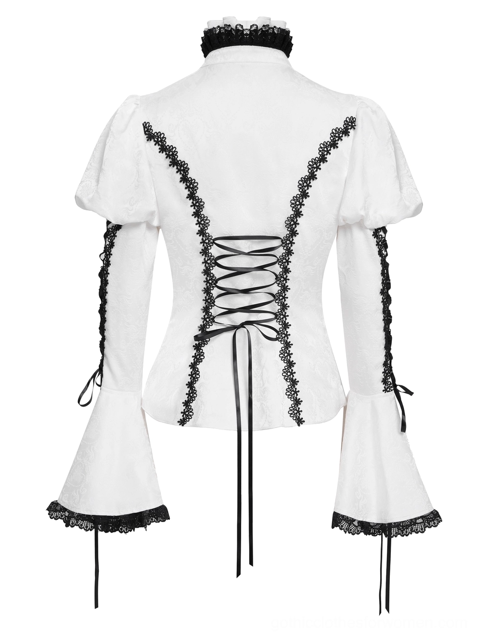 Gothic white victorian corset blouse full back flat lay showing back corset lace-up system, puff sleeves, lace-trimmed bell cuffs, and structured back design