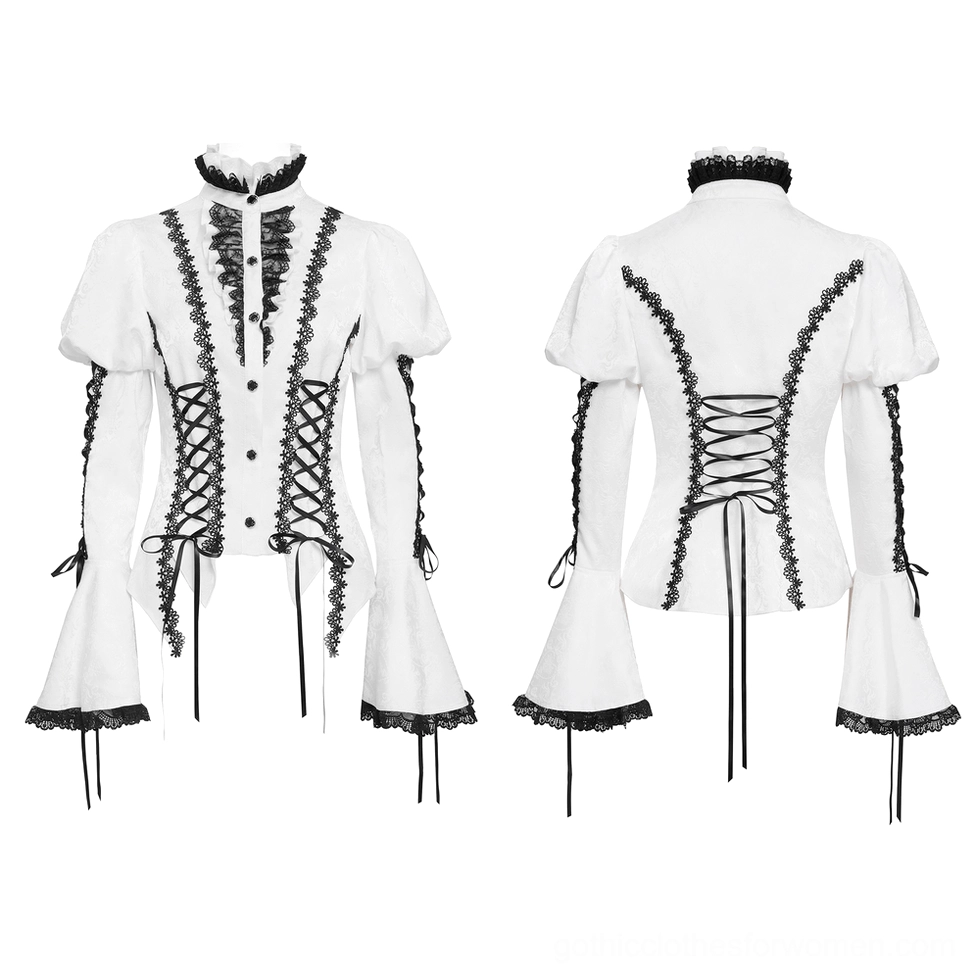 White gothic victorian blouse flat lay front and back detail, showing black lace accents, corset ties, bell sleeves, stand collar, and structural design