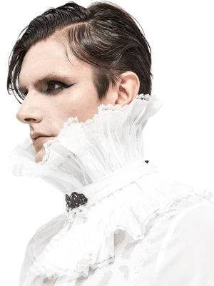 White lace gothic high collar with ruffled hem and decorative brooch, left side profile view on male model