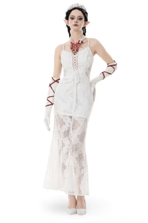 White lace gothic corset dress with spaghetti straps front view on model with elf ears