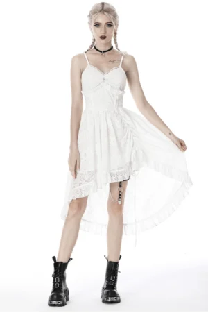 White lace gothic midi dress with asymmetric hem, front full-body view showing spaghetti straps and ruffled bust detail