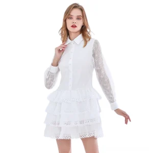 White lace ruffle gothic mini dress with button-front closure and tiered ruffles - front full-body view