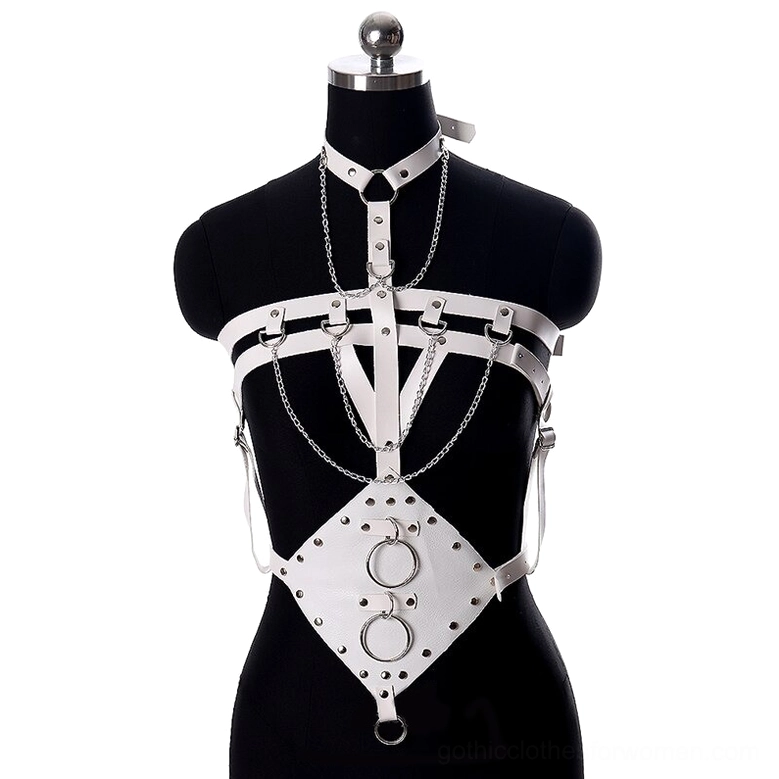 White PU leather bondage harness with dual O-rings, metal chains and rivet details, front view on mannequin, gothic harness belt for women