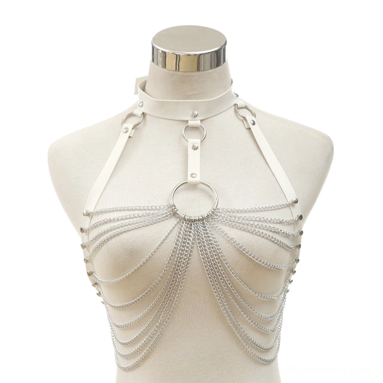 White leather chest chain harness with silver layered chains and gothic O-ring centerpiece