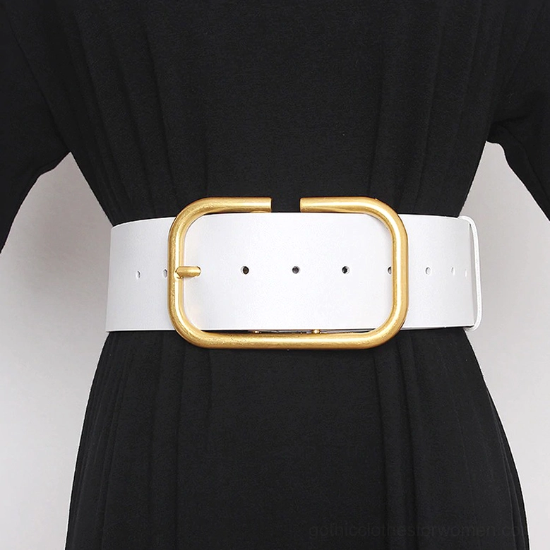 White wide genuine leather gothic corset belt with gold rectangular buckle, clean minimalist design