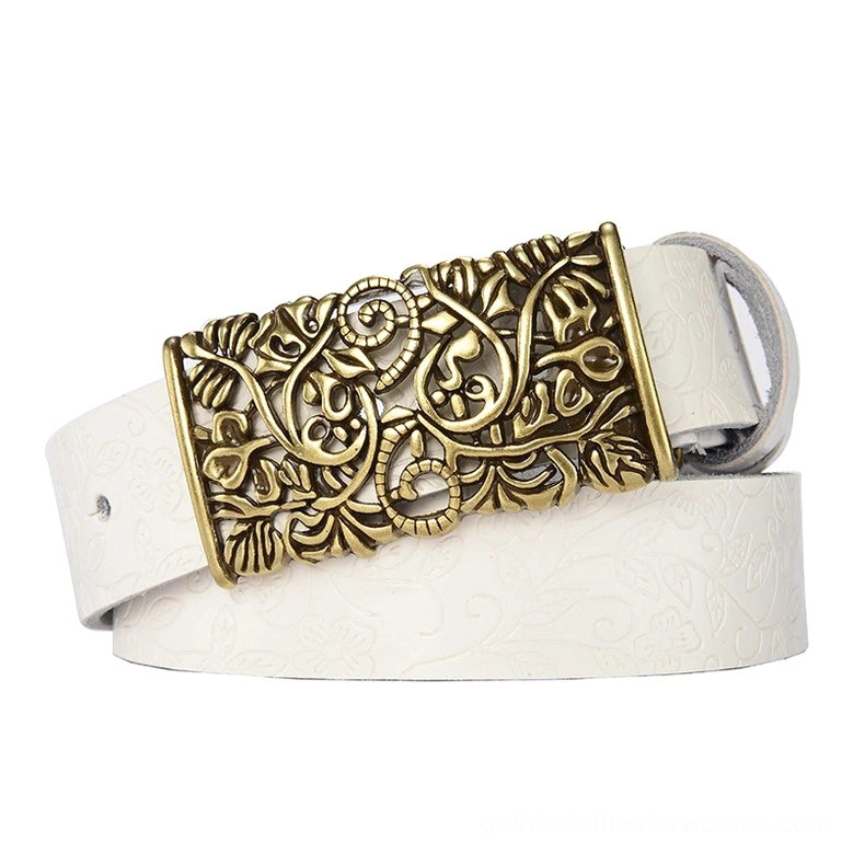 Off-white genuine leather gothic belt with intricate hollow flower buckle design