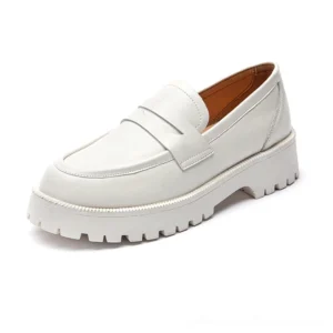 White genuine leather gothic platform loafers with penny strap detail, polished leather slip-on design