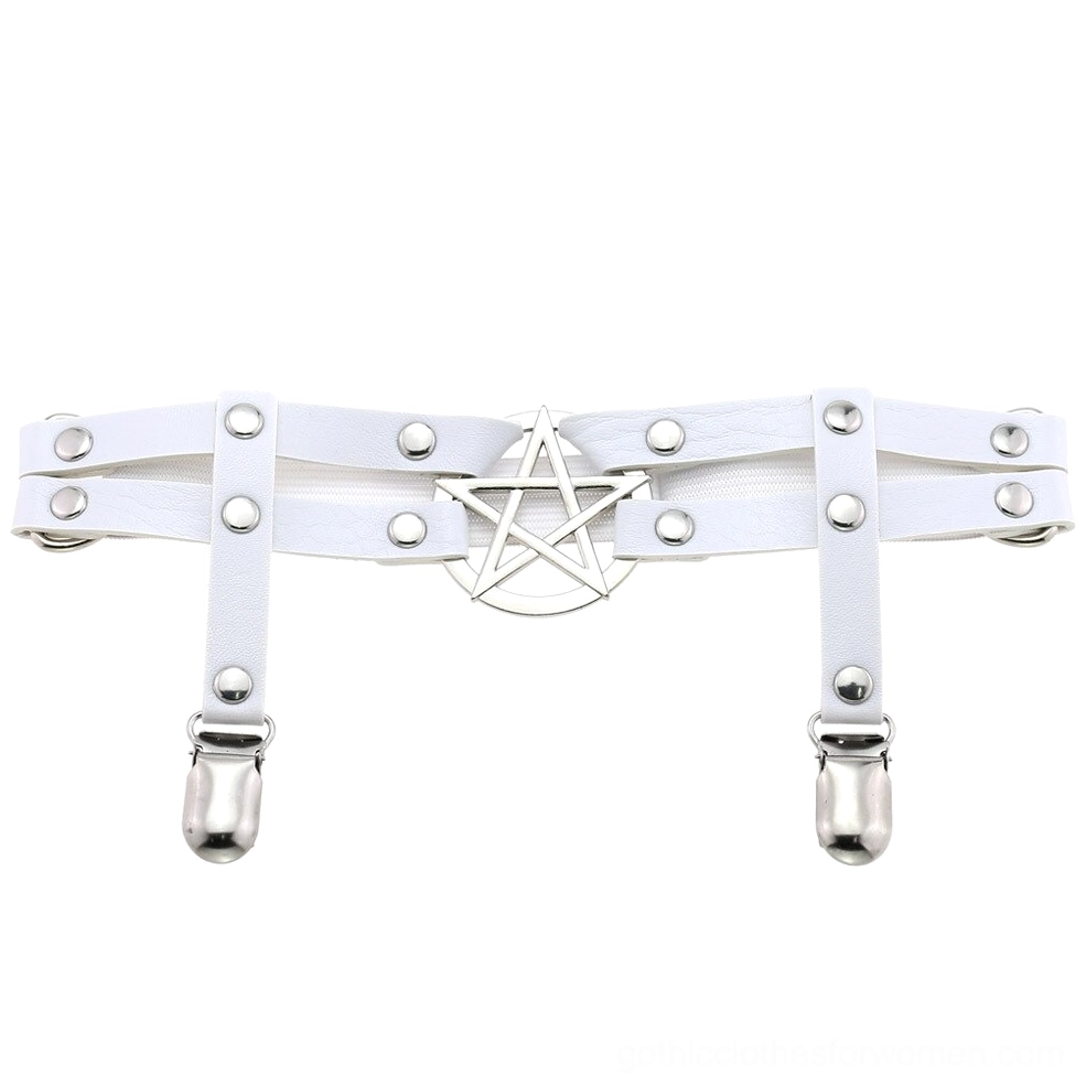 White pentagram PU leather leg garter belt flat lay photography, showing silver pentagram charm, metal rivets, and dual clip fasteners on clean studio background