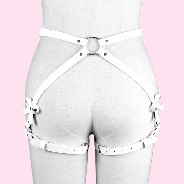 White PU leather leg garter harness with cross straps and metal fasteners, gothic accessory for alternative fashion