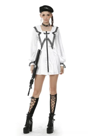 White satin gothic mini dress with black lace trim, lantern sleeves, and sailor collar - front view on model