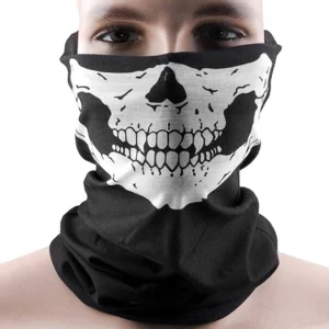 White skull gothic face mask balaclava on male model, front studio view showcasing detailed skull print