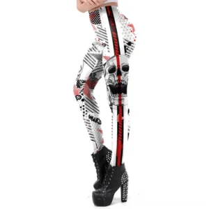 White skull gothic leggings with occult star print and red-black trim accents, side view showcasing fitted silhouette and graphic design