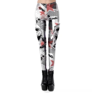 Women's white skull printed leggings front lower body view featuring dual skull graphics and geometric star patterns with stretch fabric