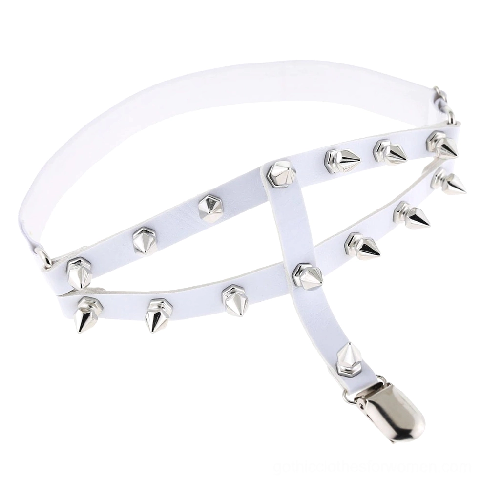 White spiked thigh garter harness with silver metal studs and adjustable buckle closure