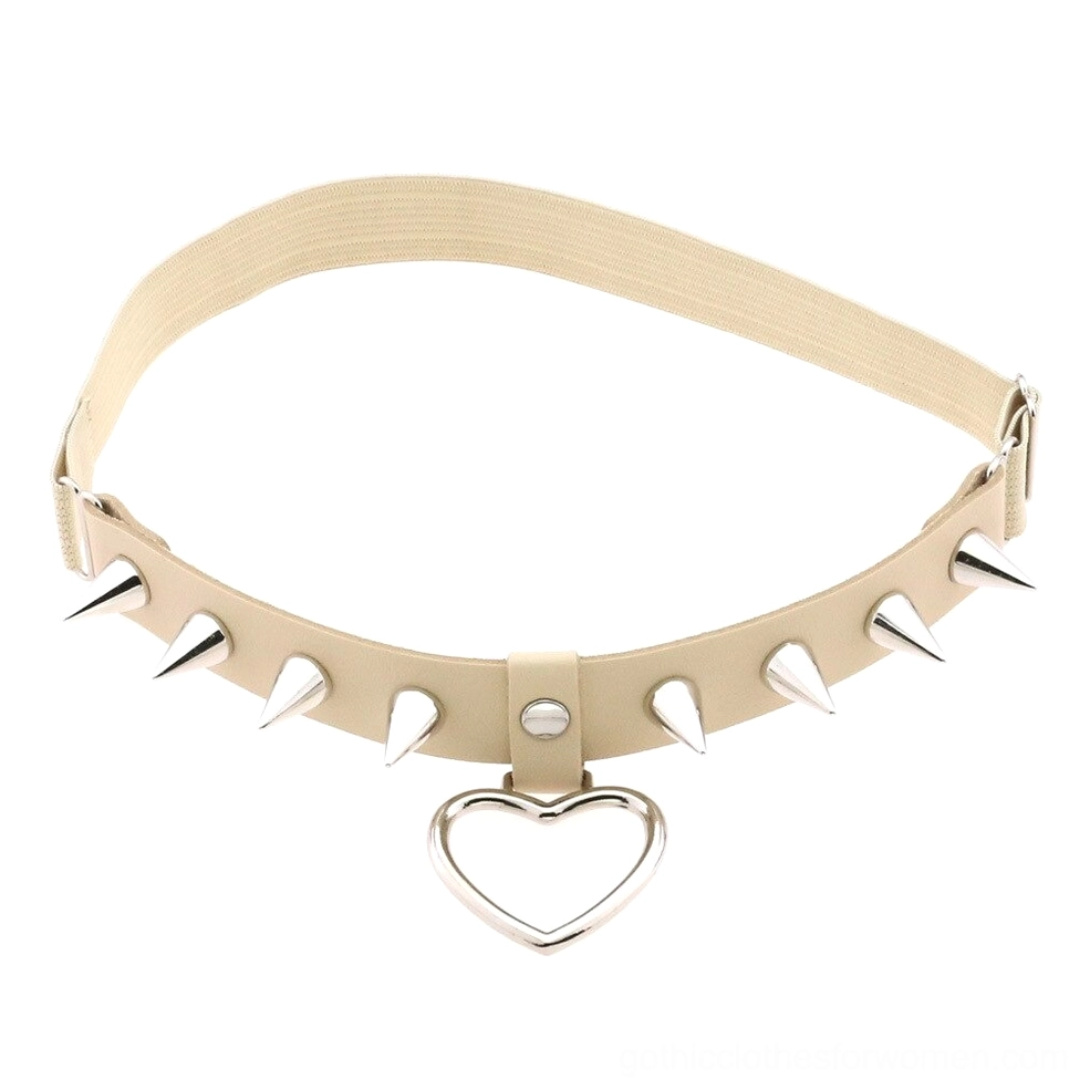 White elastic gothic spike heart leg garter belt with silver studs and heart pendant, fashion product shot