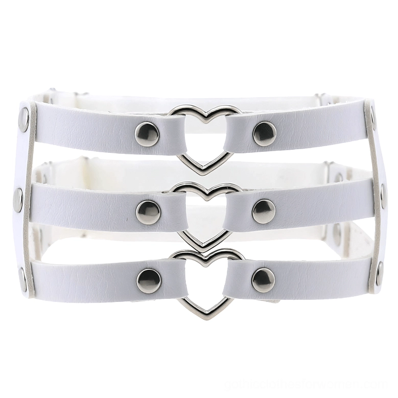 White synthetic leather women's leg ring harness with metal heart and rivet decoration triple strap