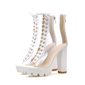White transparent PVC gothic platform ankle boots with chunky block heel and peep toe front display