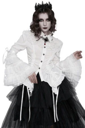 White gothic Victorian blouse with tiered ruffle bell sleeves worn by model with crown, front quarter view showing lace collar and pointed neckline