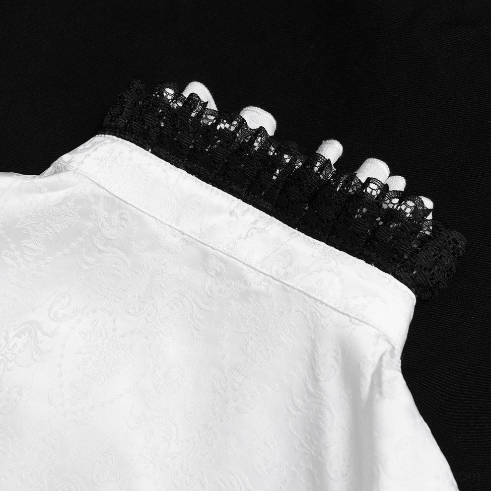 Complete white victorian lace corset blouse styled view showing overall silhouette, proportions, corset lacing, and black lace detailing