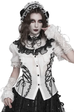 White Victorian gothic blouse front view with black lace trim, puff sleeves, and ruffle collar on model