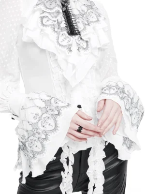 Female model wearing white Victorian flared lace gloves with black embroidery, front close-up view showcasing gothic elegance