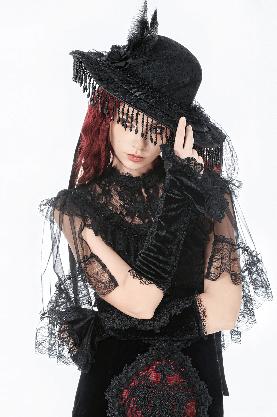 Wide-brim gothic hat with dramatic black lace and beaded fringe - alternative fashion headwear