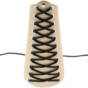 Wide beige PU leather wrist strap with criss-cross lace-up closure and zinc alloy rivets, flat front display