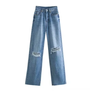 Light wash wide leg distressed jeans flat lay - full front view showing ripped knee details and high waist silhouette