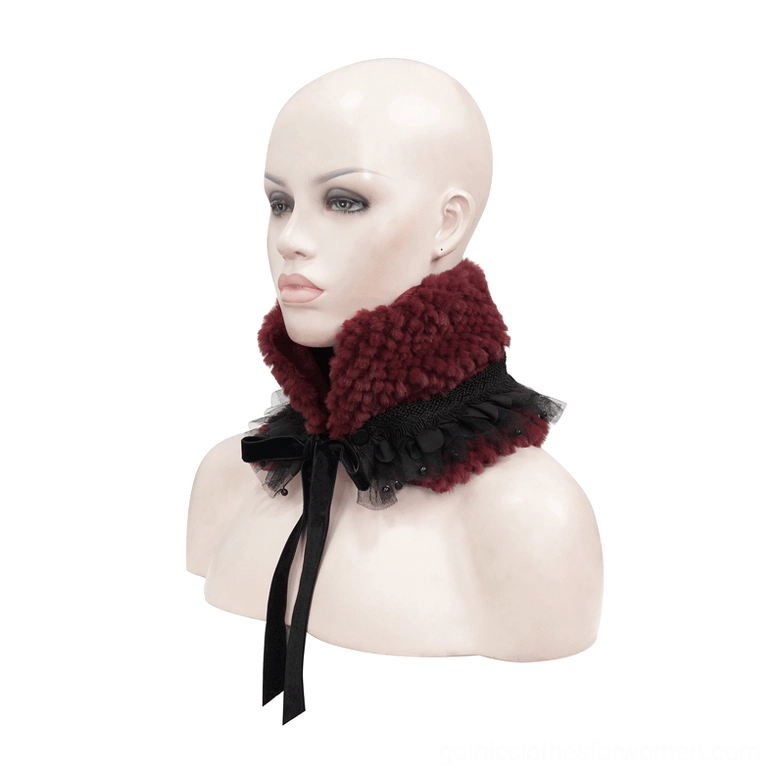 Burgundy gothic faux fur neck collar on mannequin, side view showing construction and black ribbon fastening
