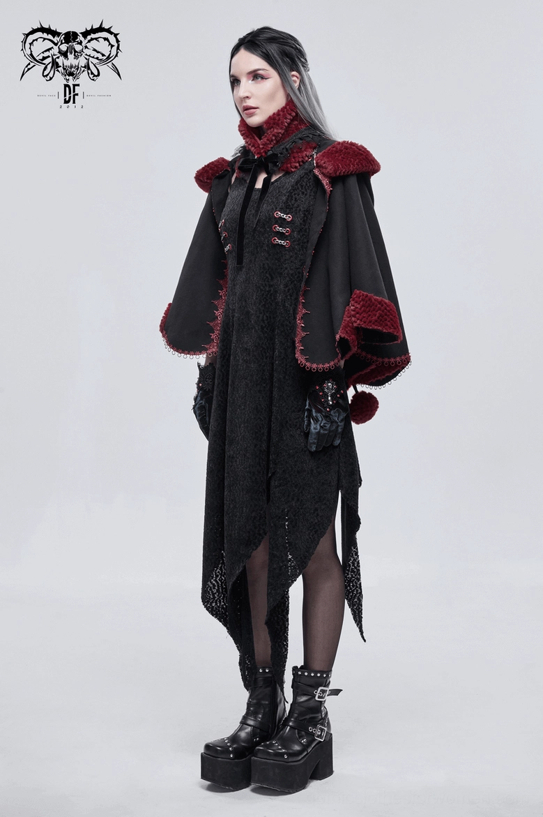 Wine red faux fur gothic choker with black lace and beaded trim detail, product photography main view