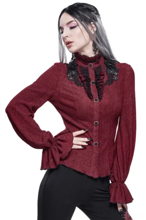 Wine red gothic blouse with black lace appliqué collar and flared ruffled sleeves, worn by female model in three-quarter front view