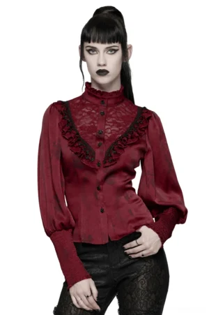 Wine red gothic lace blouse with rose buttons and ruffled collar, front full-body view on model with high ponytail