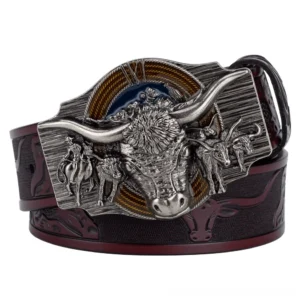 Wine red gothic leather belt with silver bull head buckle, elegant vampire aesthetic design, three-quarter angle