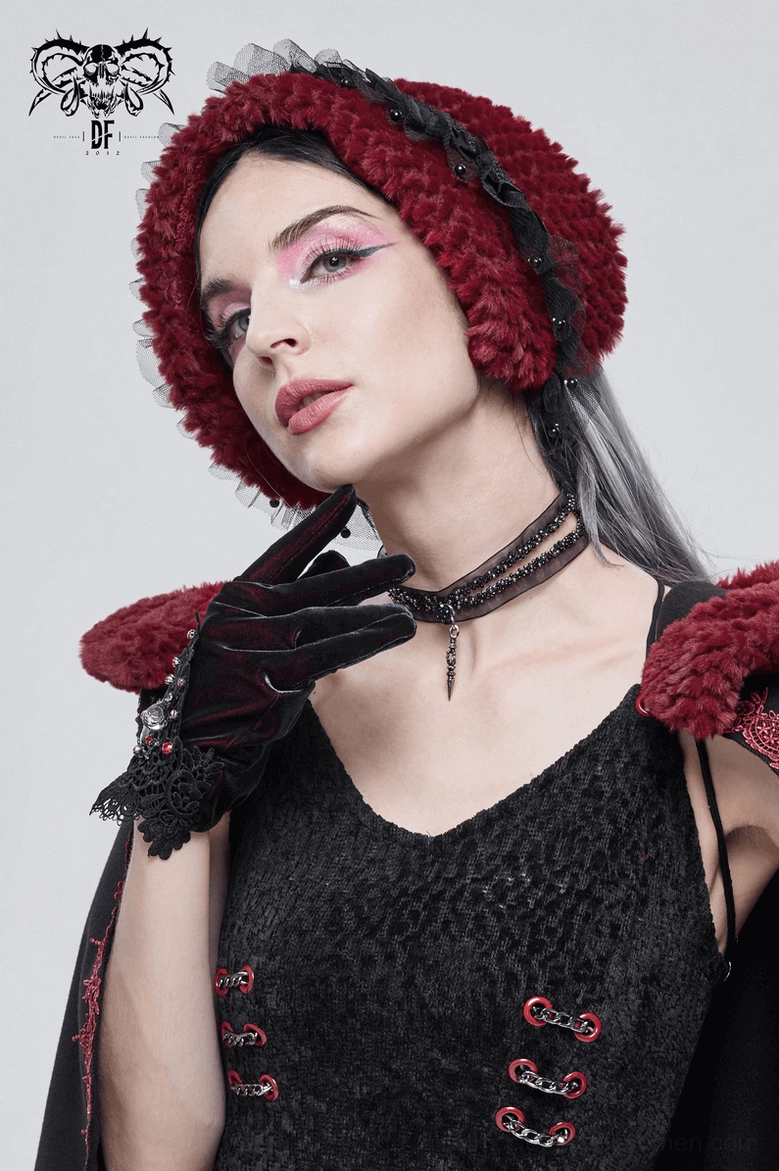 Wine red faux fur gothic choker collar worn by alternative fashion model, portrait photography