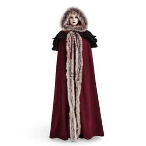 Wine-red gothic hooded cloak with faux fur collar worn by model, front view showing full length and dramatic faux fur trim details