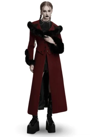 Wine red gothic two-piece coat with black faux fur collar, front three-quarter view showcasing detachable hem feature and adjustable waist rope design