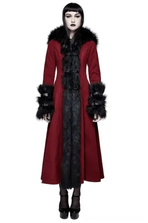 Wine red gothic long coat with detachable black fur collar worn by model showing front full view with Victorian aesthetic