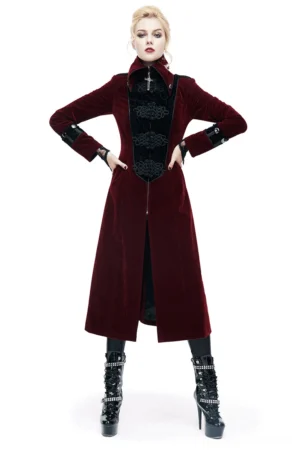 Wine red embossed velvet gothic coat - front full-body view showcasing high collar, cross zipper, and black embroidered front panel on model