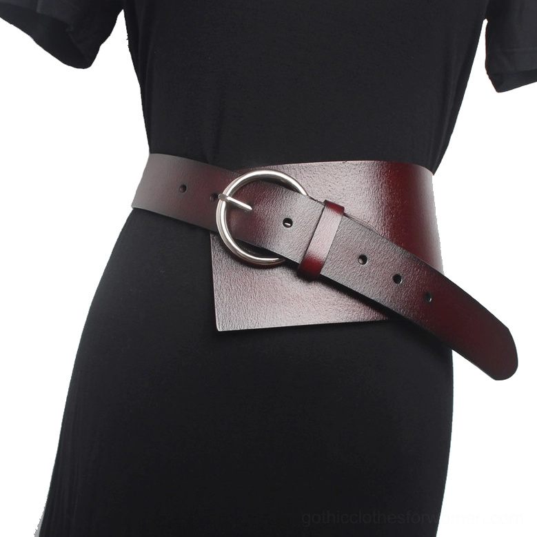 Wine red dark reddish brown gothic corset waist belt with silver buckle and trapezoid tail on model