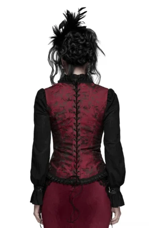 Wine red gothic corset vest rear view, back lace-up closure with ruffled hemline, black lace trim accents, Victorian gothic styling