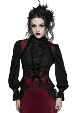 Wine red gothic corset vest with adjustable drawstrings front view, wine red and black jacquard embroidery with black lace trim detailing, paired with black blouse and burgundy skirt